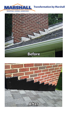 Roof replacement before and after transformation pictures. Northern Virginia Roofing Contractors chimney flashing