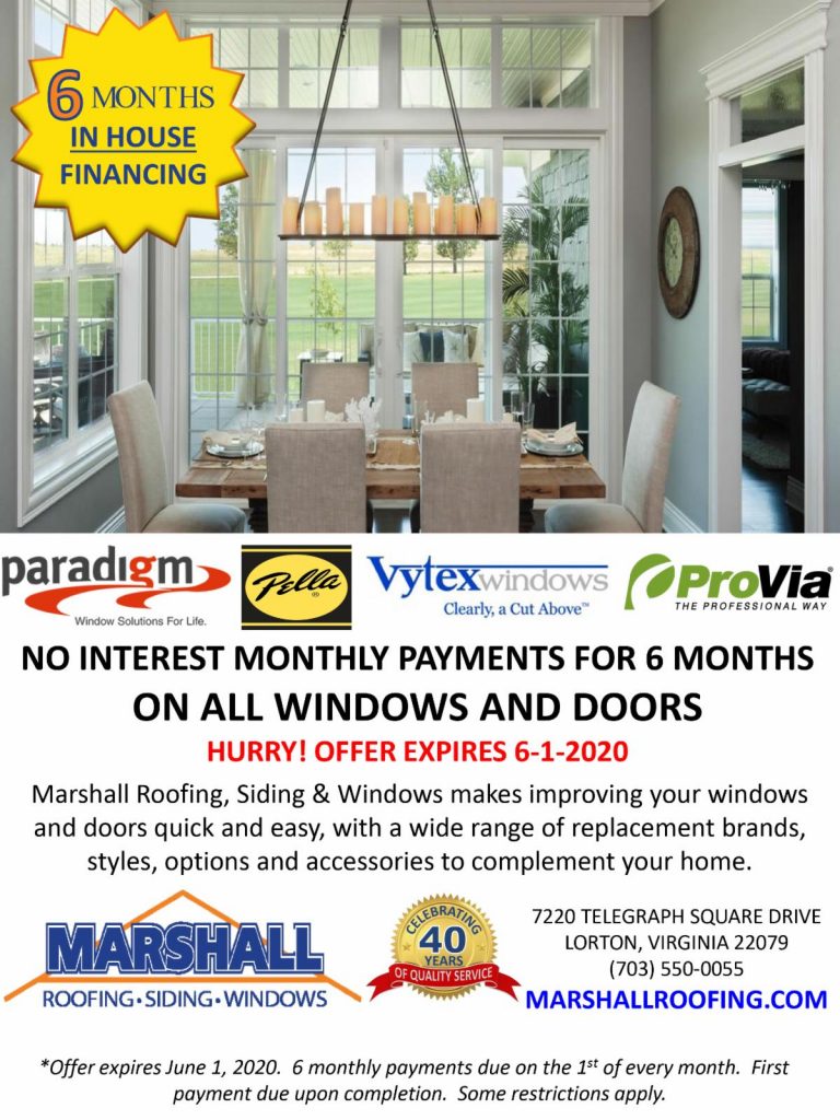Financing available for windows and door replacements throughout May