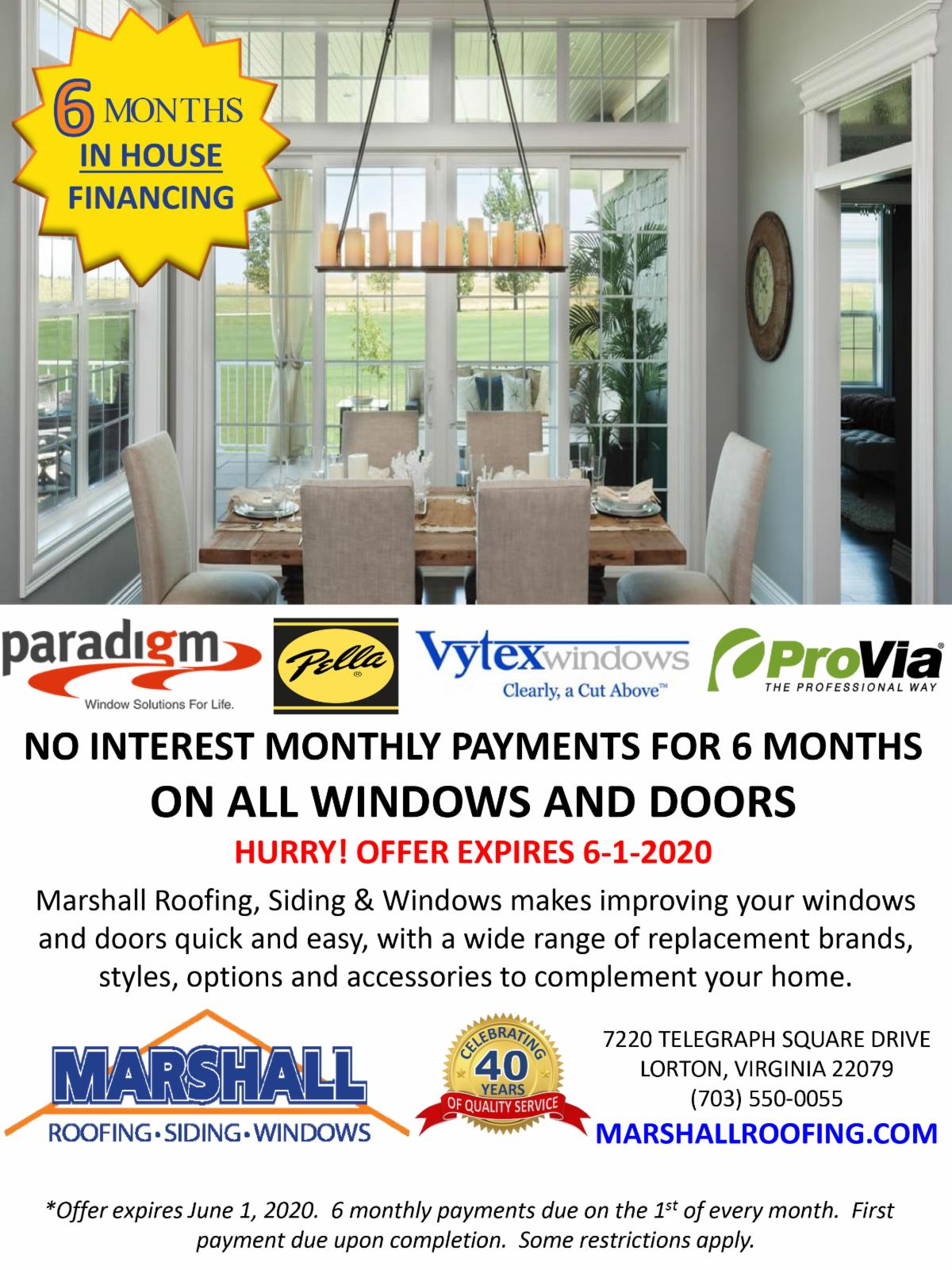 Financing available for windows and door replacements throughout May «  Marshall Roofing, Siding and Windows